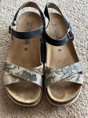 Mephisto Women's Black and Metallic Snake-Print Sandals